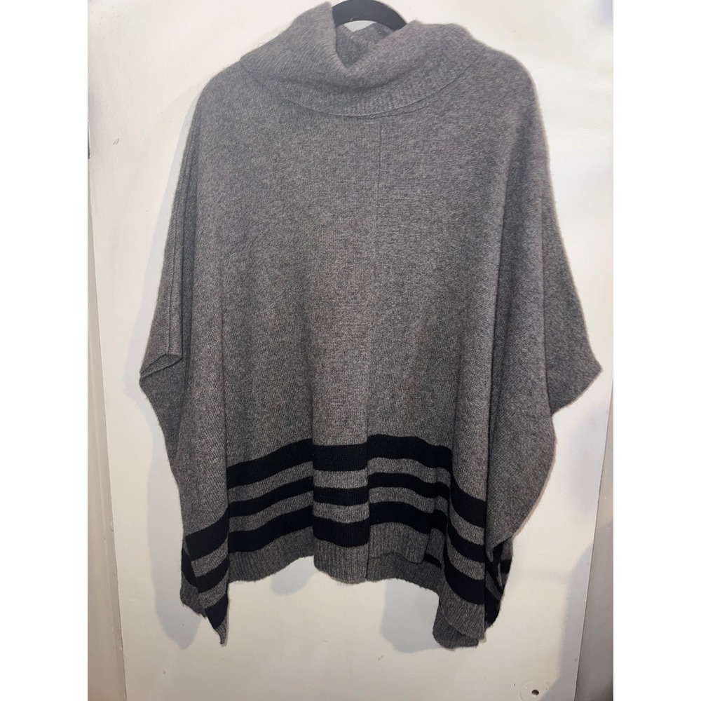 Tahari Wool Yak Hair Turtleneck Poncho Sweater Grey Black Striped XS